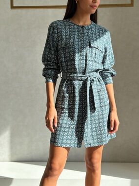 🍌Banana Republic Blue Geometric Printed Shirt Dress w Pockets & Tie Waist Sz 4